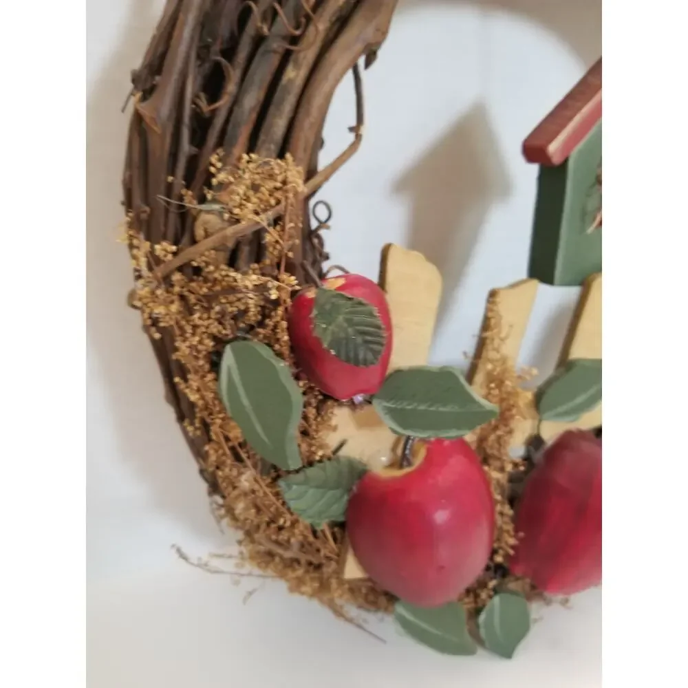 Vtg Handmade Grapevine Greetings Wreath Cottagecore Apples 13
